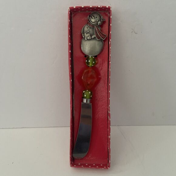 Christmas Happy Snowman Holding Heart Appetizer Spreading Knife Green/Red Decor - Picture 1 of 6